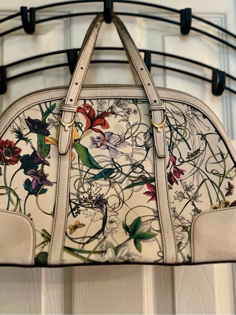 Gucci Cream Floral Print Dome Satchel